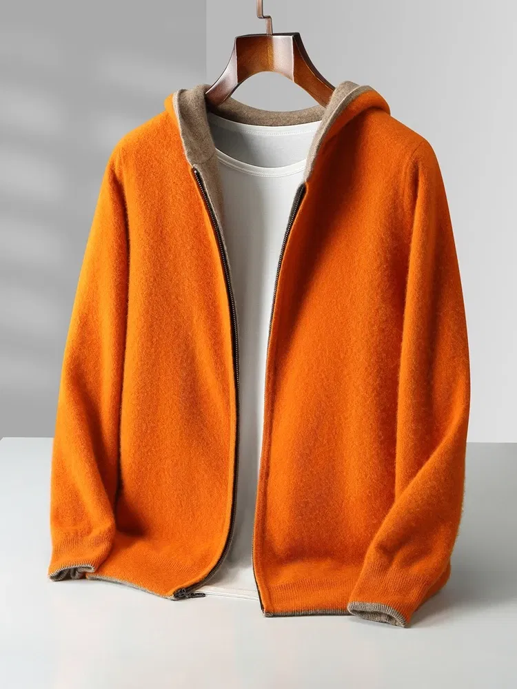 Color: Champagne, Size: XL - Reversible Men's Wool Cardigan Sweater Autumn Winter Hooded  Solid 100% Merino Wool Knitted Casual Simple Man Jackets Thick Warm