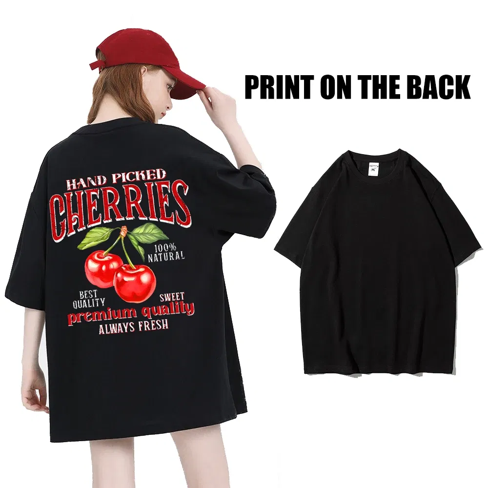 Color: camel, Size: XL - Summer Lemon Cherries Prints T-Shirts Cotton Women's Tops Oversize O-Neck Soft Short Sleeve tees Street Casual Womans Clothes