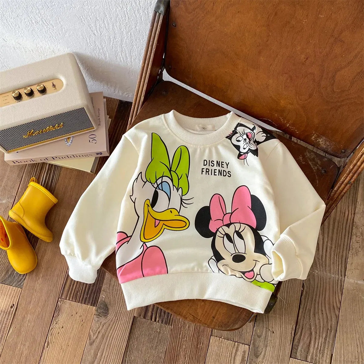 Color: Beige, Kid Size: 5T - Fashion Cartoon Printed Children Hoodies Crewneck Baby Boys Girls Long Sleeve Tops Loose Disney Kids Clothing Autumn Sweatshirts