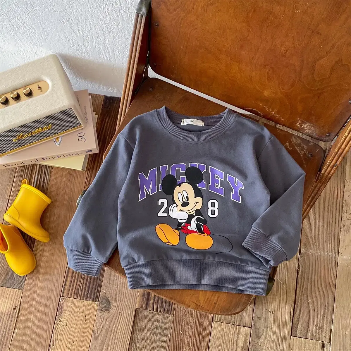Color: Beige, Kid Size: 5T - Fashion Cartoon Printed Children Hoodies Crewneck Baby Boys Girls Long Sleeve Tops Loose Disney Kids Clothing Autumn Sweatshirts