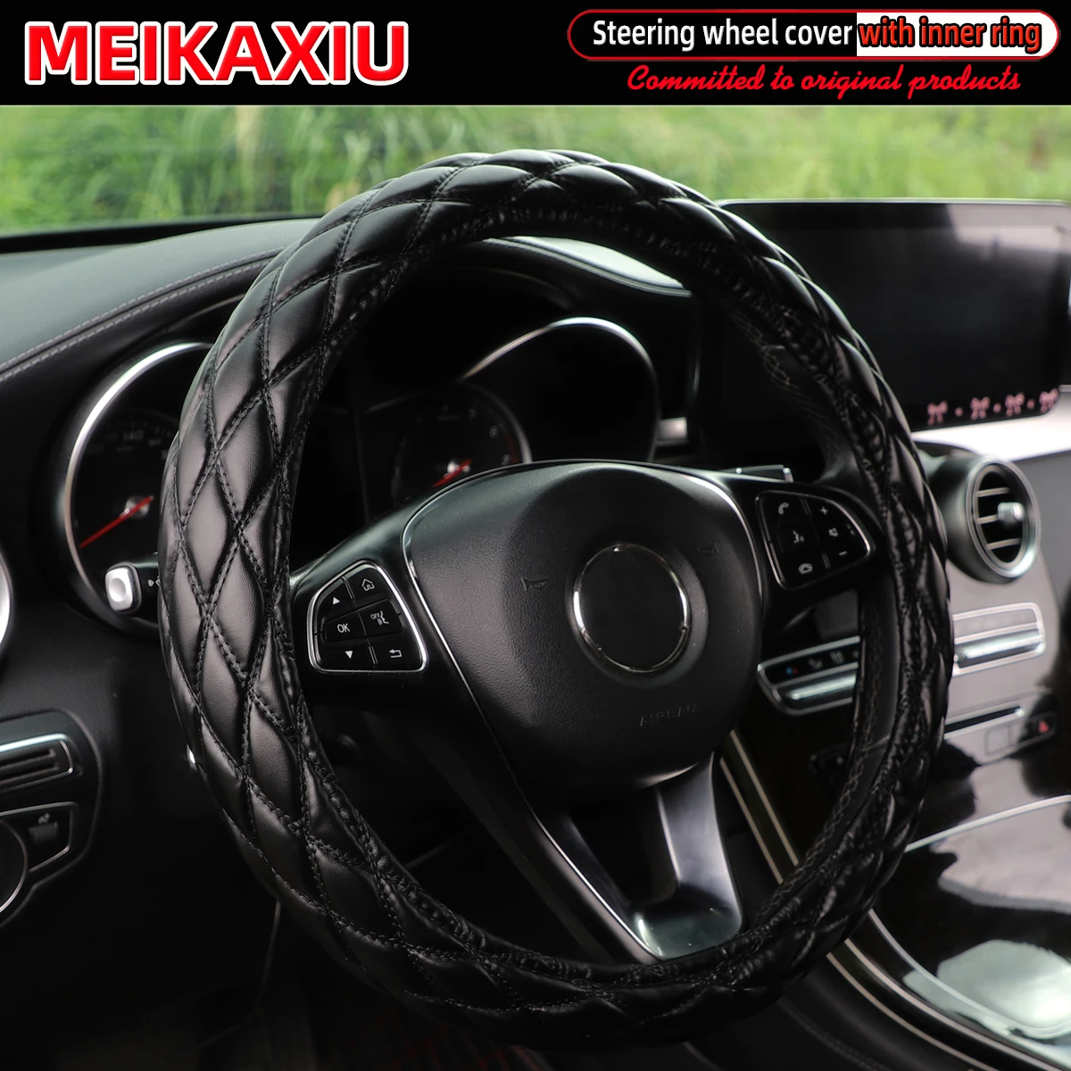 Color Name: WHITE - New PU sheepskin embroidered double-thread car has an inner ring steering wheel cover suitable for 36cm, 37cm and 38cm