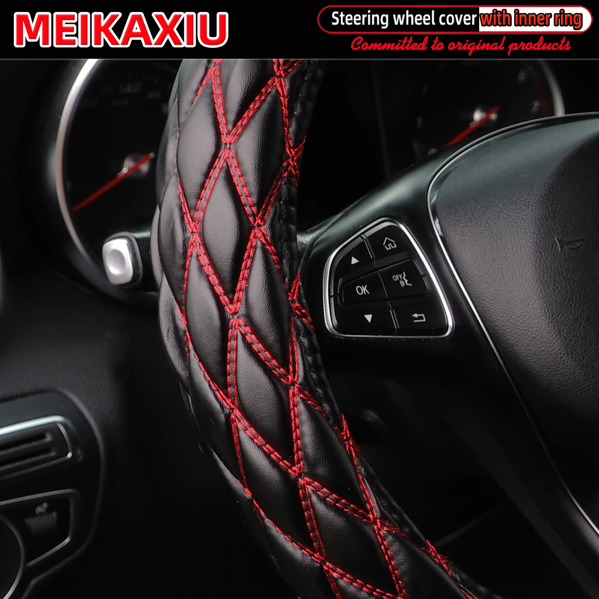 Color Name: WHITE - New PU sheepskin embroidered double-thread car has an inner ring steering wheel cover suitable for 36cm, 37cm and 38cm