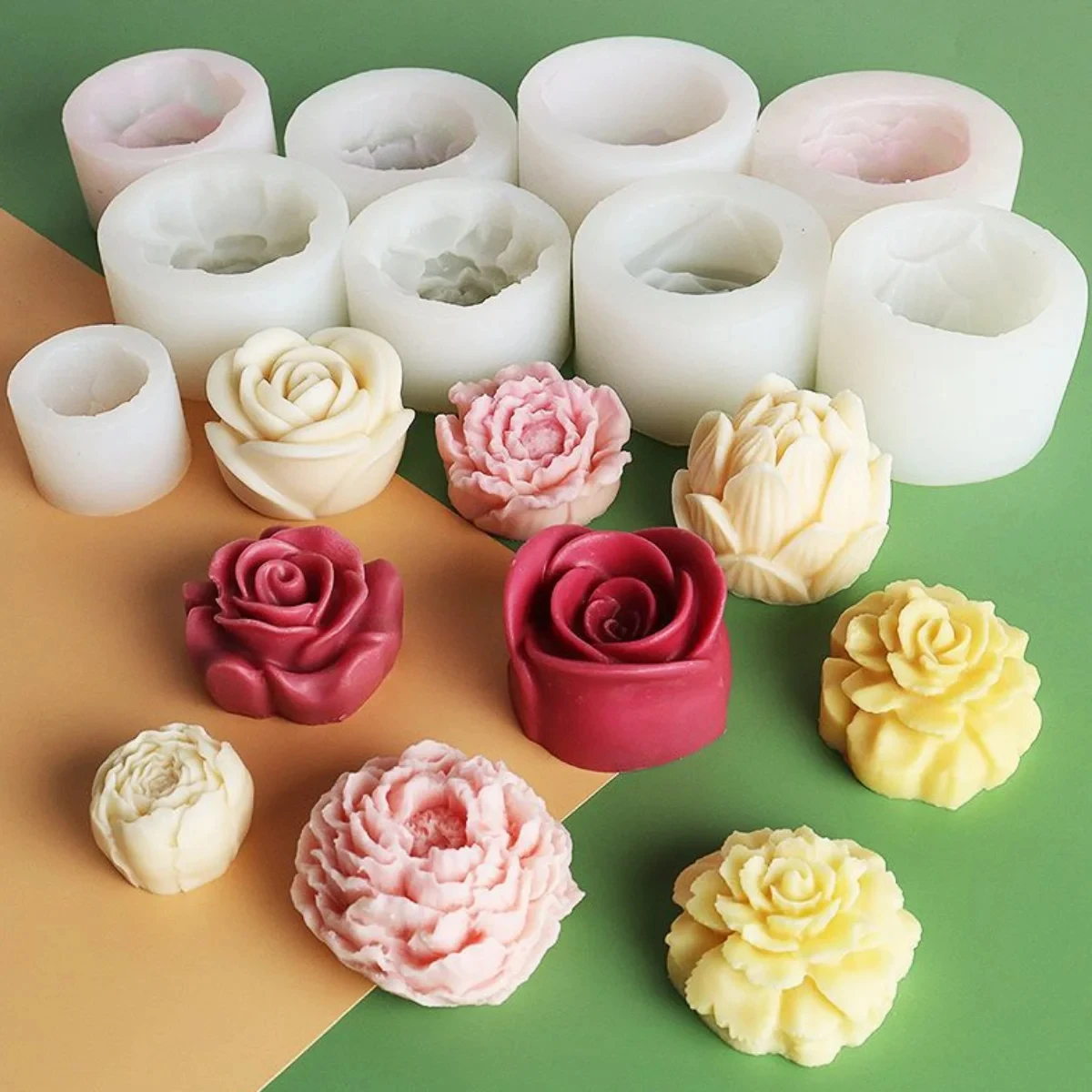 Color: Light Grey - Lotus Flower Silicone Candle Mold Sunflower Peony Multi Style Soap Resin Crystal Mould Heart Rose Chocolate Ice Making Set Gifts