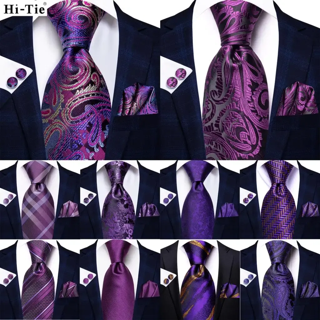 Color: light yellow - Hi-Tie Purple Paisley Silk Elegent Tie for Men Novelty Design Handky cufflink Tie Set Party Business Wedding Dropshipping