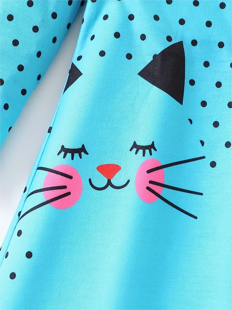 Kid Size: 4 - Dots & Kitty Print Girls Long Sleeve Dress, Spring and Autumn everyday sweet casual dress, parties, gifts