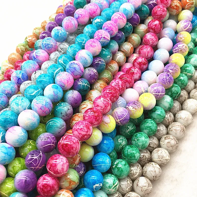 Color: Dark green, Item Diameter: 6mm - Wholesale 4/6/8/10mm Glass Beads Round Loose Spacer Beads Pattern For Jewelry Making DIY Bracelet Necklace