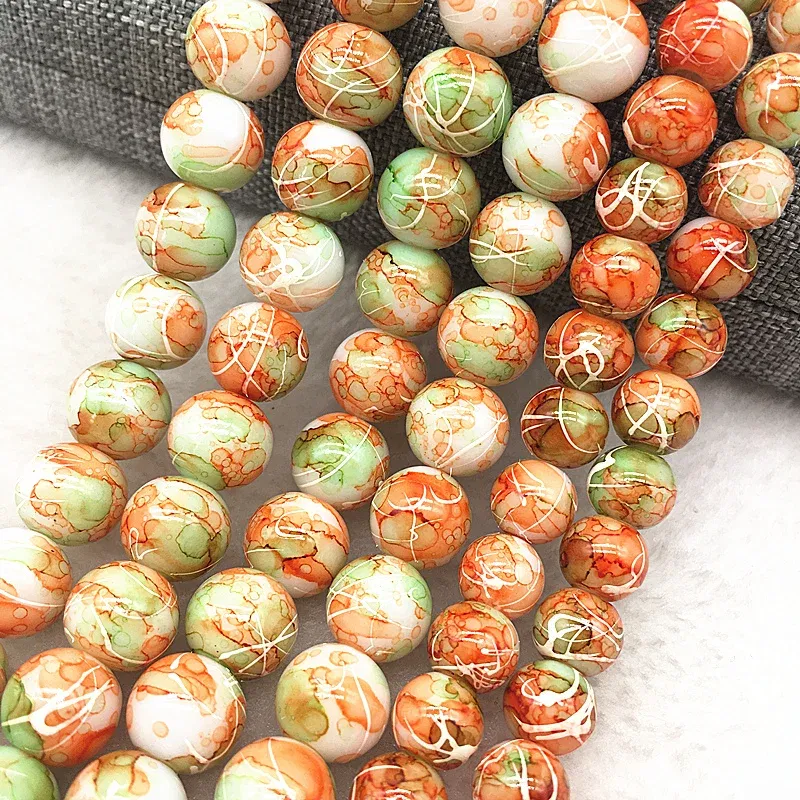 Color: Dark green, Item Diameter: 6mm - Wholesale 4/6/8/10mm Glass Beads Round Loose Spacer Beads Pattern For Jewelry Making DIY Bracelet Necklace