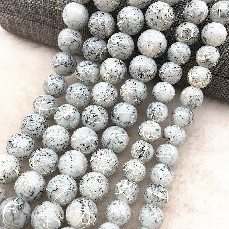 Color: Dark green, Item Diameter: 6mm - Wholesale 4/6/8/10mm Glass Beads Round Loose Spacer Beads Pattern For Jewelry Making DIY Bracelet Necklace