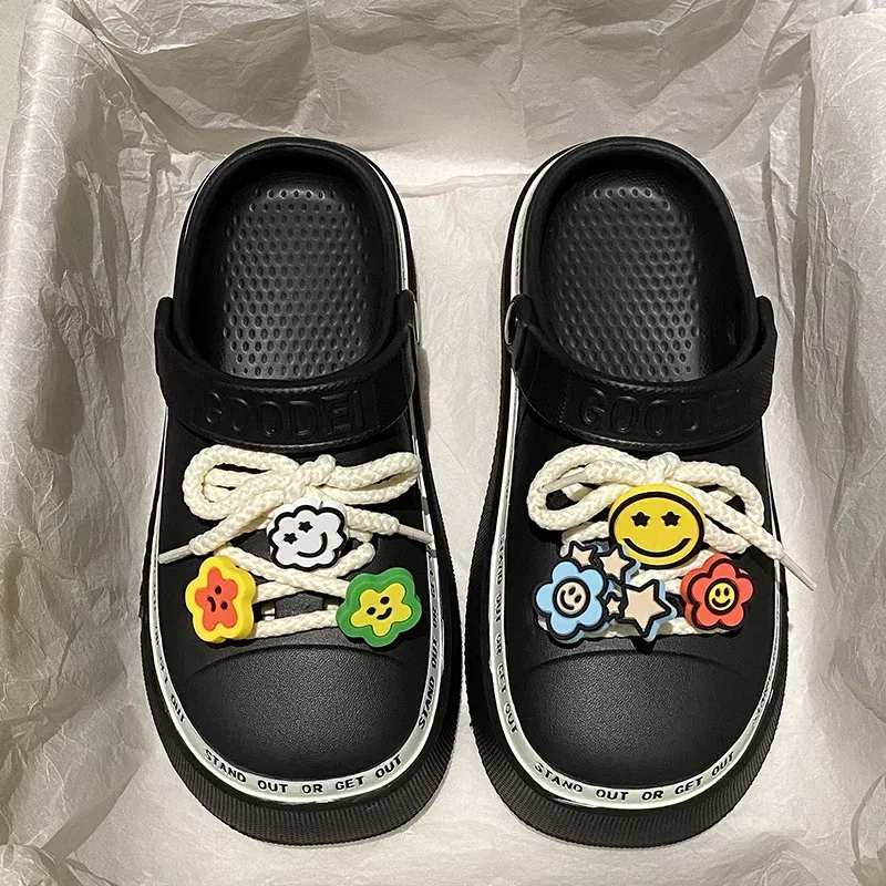 Color: black, Shoe Size: 21 - Women Sandals 2024 New Arrival Elegant Clogs Fashion Street Beach Slides Height Increasing Slippers For Girls