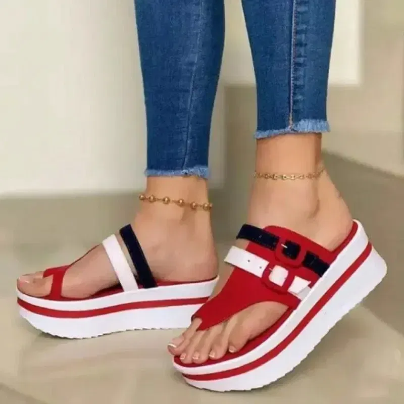 Color: Red, Shoe Size: 37 - 2024 summer new pointed sponge cake and pointed sandals women's round toe women slippers sandal luxury sandals