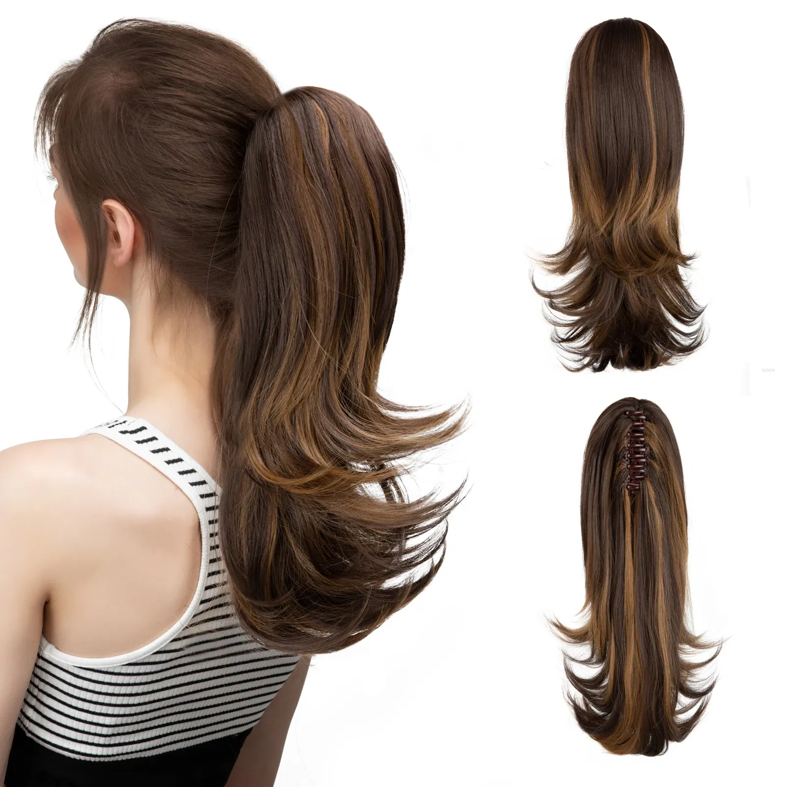 Color: 1B/27HL, Stretched Length: 14inches - Synthetic Claw Clip In Ponytail Hair Extensions 14 Inch Wavy Hairpiece Fake Blonde Black Hair False Pigtail With Elastic Band