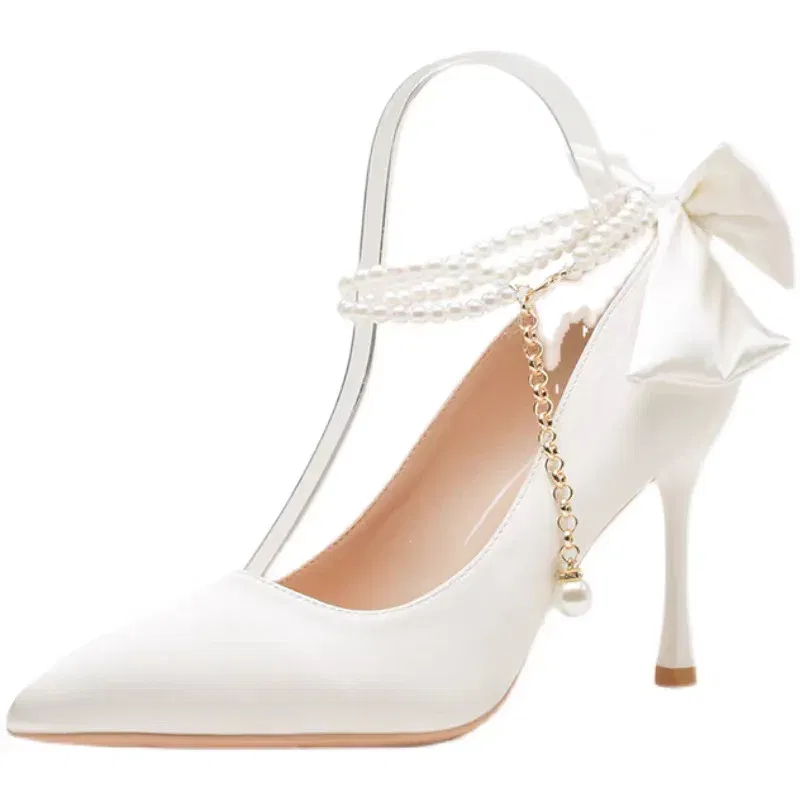 Color: Beige, Shoe Size: 38 - Size 35-40 Stiletto Heel Point Toe Pearls Buckle Belt 9cm High Heel Ladies Bow Satin Fabric White Wedding Shoes Women Pumps