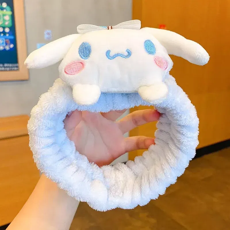 Color: WHITE - Sanrio Soft Plush Makeup Hairband Cute kuromi Cinnamoroll Melody Design Wash Face Makeup Non Slip Elastic Hair Accessories