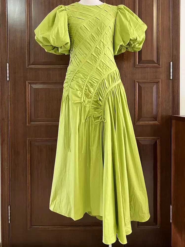 Color: Blue, Size: XL - 2025 summer women's new round neck lantern short sleeve irregular stitching drawstring dress slim dinner temperament long dress