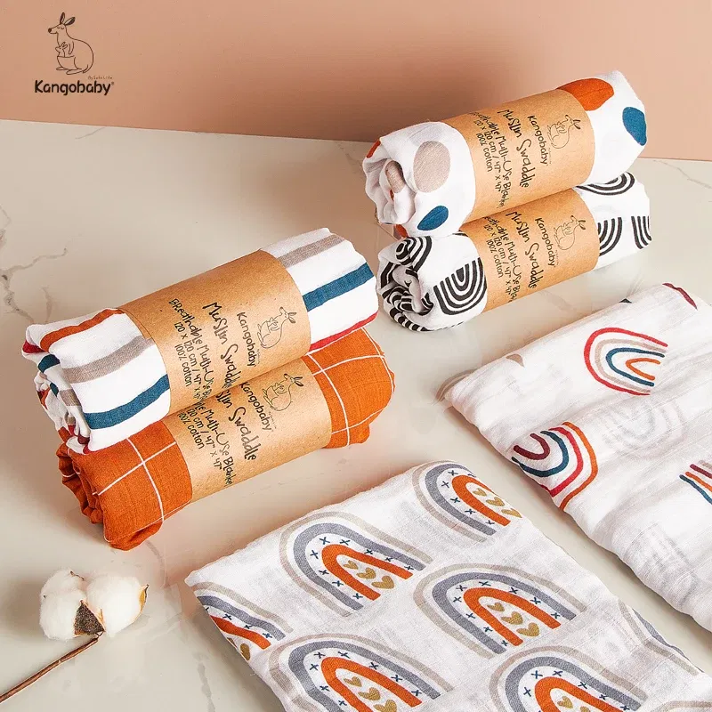 Color: Dark Khaki - Kangobaby New Design 2pcs Set Double Layers 100% Cotton Newborn Baby Muslin Swaddle Blanket