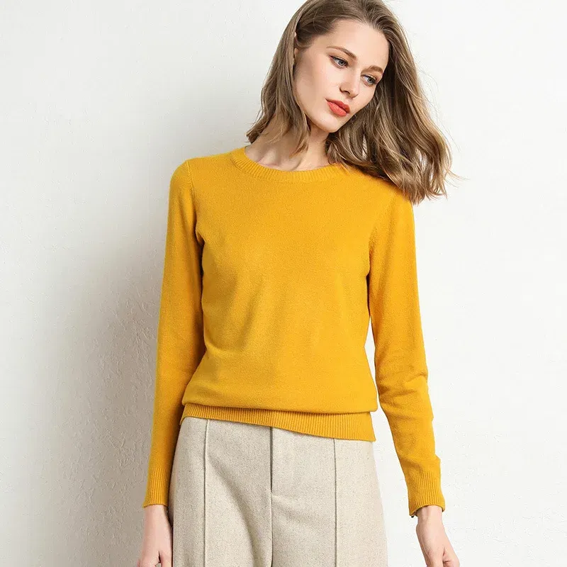 Color: Ginger Yellow, Size: XXL - Women Slim O-Neck Solid Pullover Cashmere Wool Blending Sweater Autumn And Winter Long-Sleeved Knit Bottoming Shirt Large Size