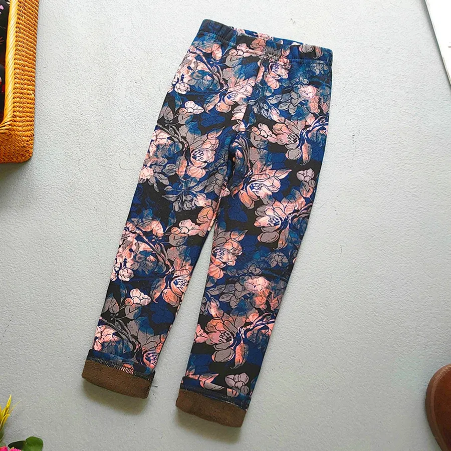 Color: Khaki, Kid Size: 2T - Autumn Winter Print Flowers Thick Warm Kids Toddler Baby Girls Leggings Children's Pants