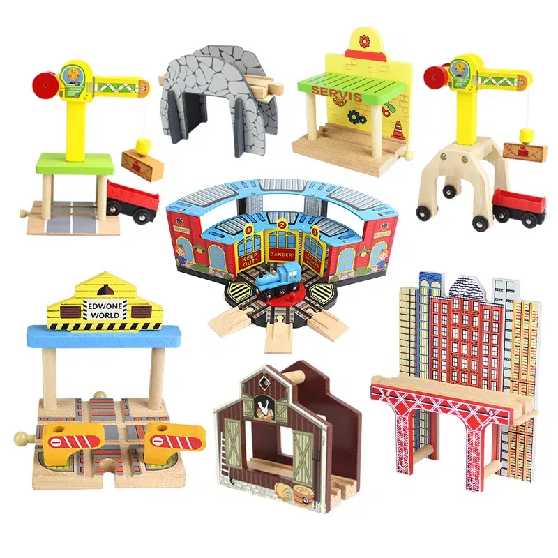 Color: Gold - Wooden Bridge Tunnel Urban Rail Overpass Traffic Car Toy Scene Combined Train Rail Track Wooden Accessories Beech Turntable DIY