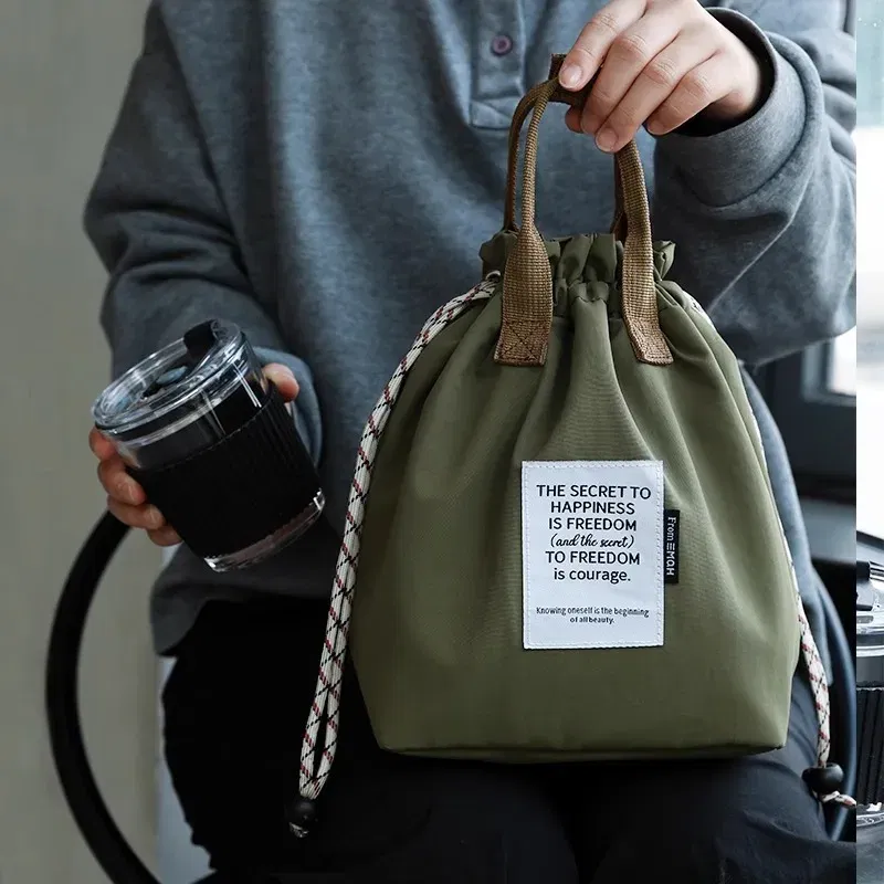 Color: black - Large Capacity Waterproof Lunch Bag with Drawstring Closure Thick Insulation Cooler Bento Bag for Picnic Work Student Handle Bag