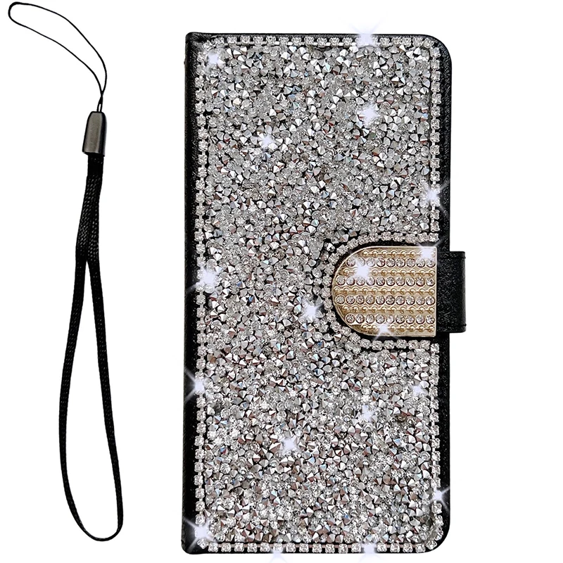 Color: Silver, Material: Artificial Leather - Glitter Diamond Wallet Leather Case For Samsung Galaxy A14 A15 A16 A35 A55 A34 A54 S25 Ultra S24 FE S23 S22 S21 S20 Plus