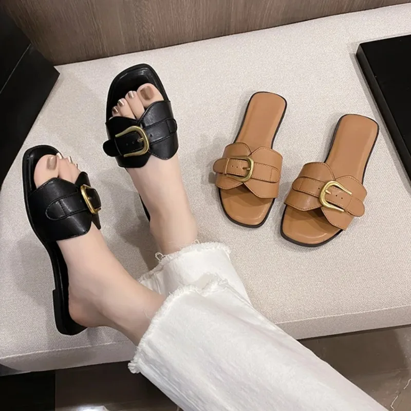 Color: black, Shoe Size: 37 - Slippers Casual Fretwork Heels String Bead Shoes Woman 2024 Pantofle Shale Female Beach Luxury Soft Flat New Sabot Fashion Slide
