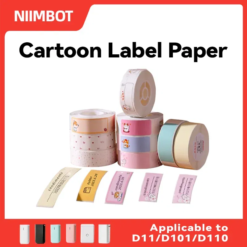 Color: pink - Niimbot D11/D101/D110 cute cartoon color thermal label sticker self-adhesive waterproof sticker mini portable printer