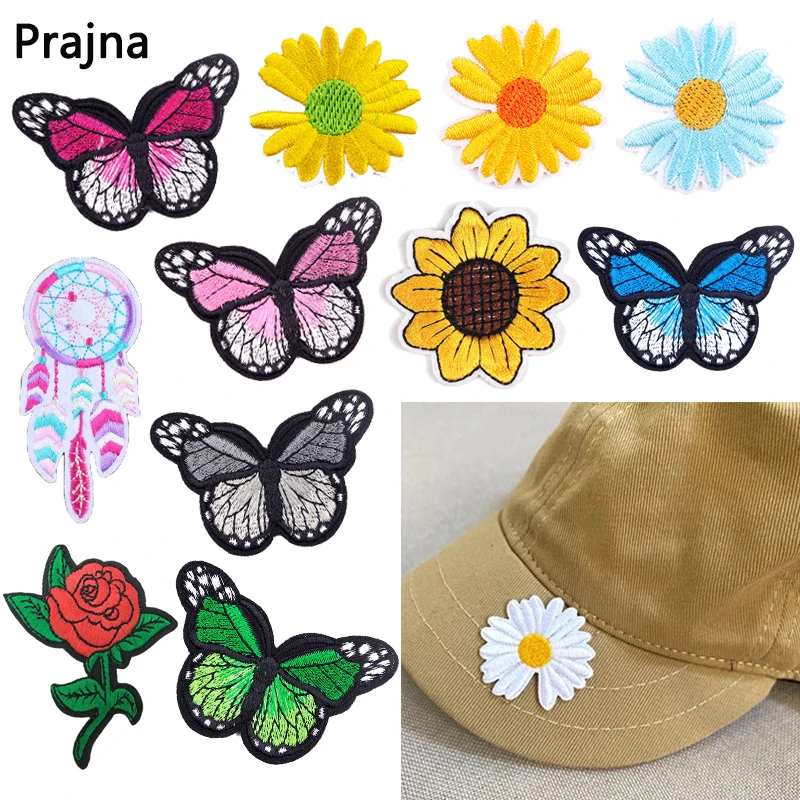 Color: Pinkish Grey - Butterfly Daisy Embroidery Patches for Clothing Thermoadhesive Patches DIY Fusible Patch on Kids Clothes Sunflower Badges Sewing