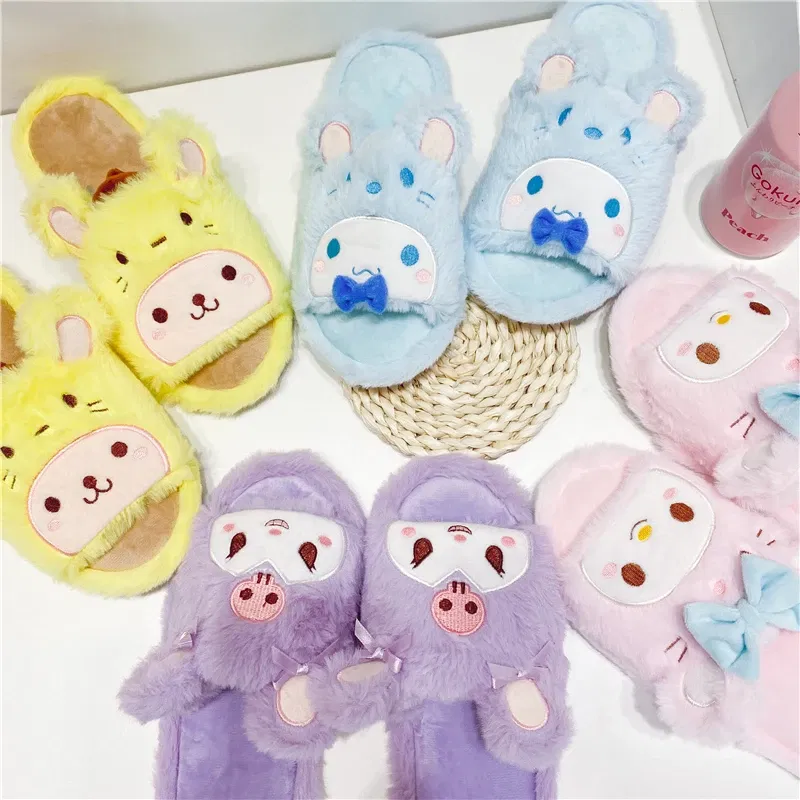Color: DEEP BLUE, Shoe Size: 36 - Japanese Anime Slippers Cartoon Open Toe Sweet Girly Indoor Home Plush Shoes Flat Non-slip Casual Girl Spring Autumn Kawaii