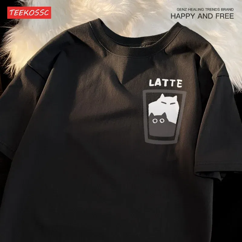 Color: WHITE, Size: XL - Mocha Latte Couple Outfit Cat Coffee Couple Male T-Shirts Graphic Cool Tee Shirt High-Quality Oversized Tshirt Comfort Soft