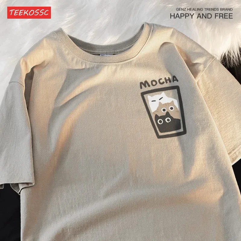 Color: WHITE, Size: XL - Mocha Latte Couple Outfit Cat Coffee Couple Male T-Shirts Graphic Cool Tee Shirt High-Quality Oversized Tshirt Comfort Soft