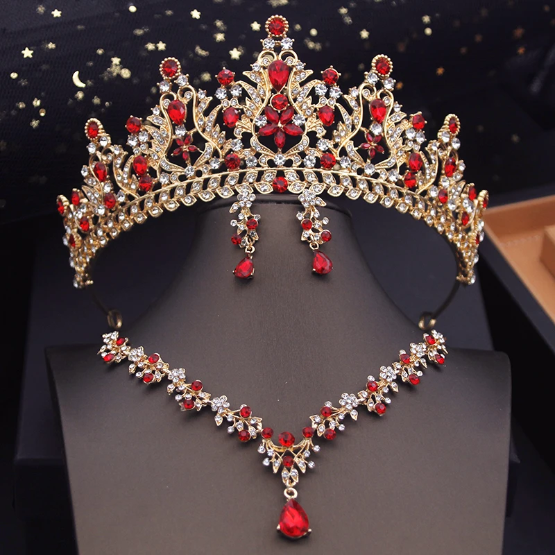 Metal color: Antique Gold Plated - Royal Queen Tiaras Bridal Jewelry Sets Evening Crown Choker Necklace Sets Wedding Dress Jewelry Prom Costume Accessory Bride