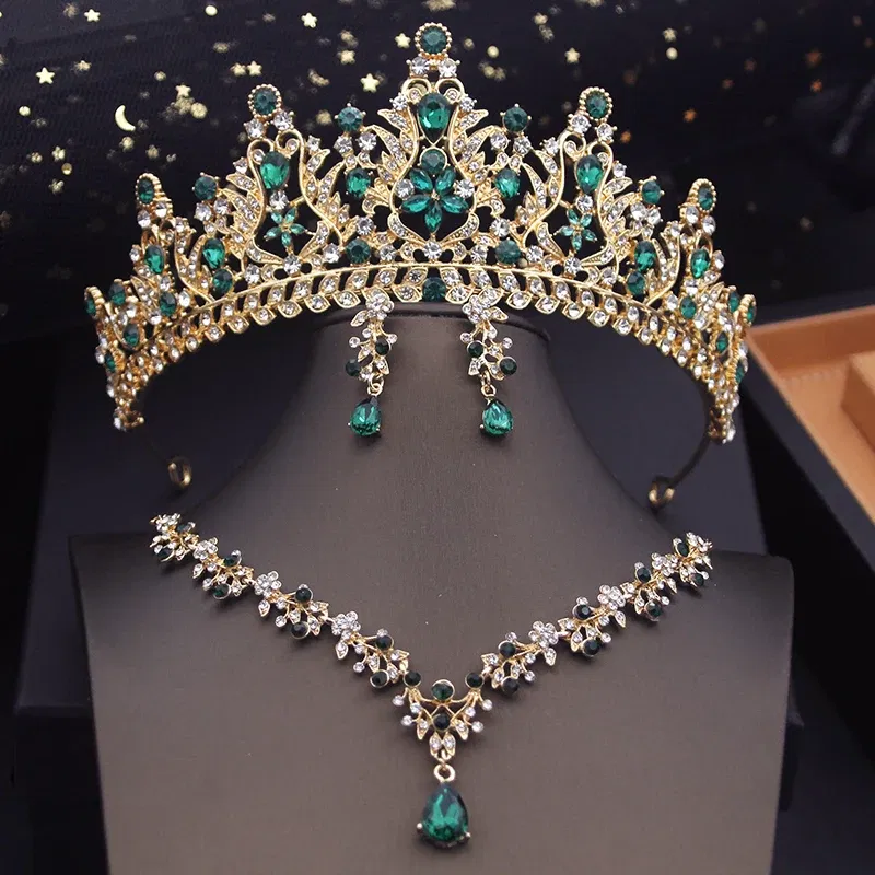 Metal color: Antique Gold Plated - Royal Queen Tiaras Bridal Jewelry Sets Evening Crown Choker Necklace Sets Wedding Dress Jewelry Prom Costume Accessory Bride