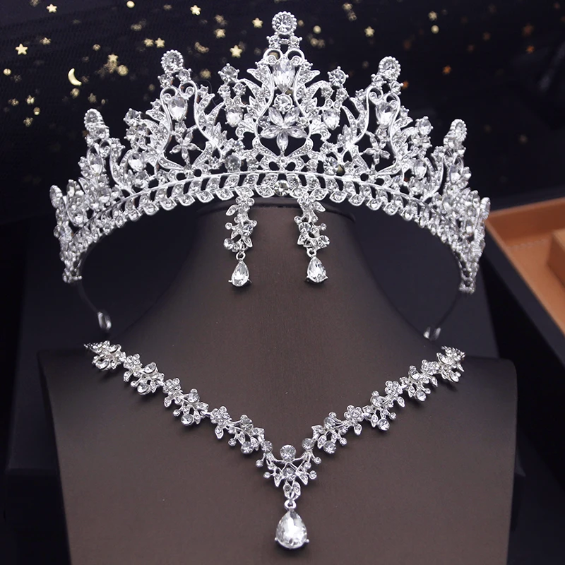 Metal color: Antique Gold Plated - Royal Queen Tiaras Bridal Jewelry Sets Evening Crown Choker Necklace Sets Wedding Dress Jewelry Prom Costume Accessory Bride