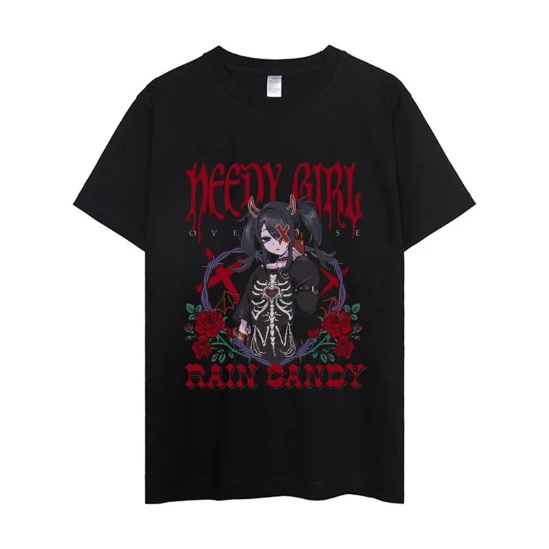 Color: Blue, Size: XXS - NEEDY GIRL OVERDOSE T Shirt Men Couple Combination Clothes Short Sleeve Collar Fashion Woman Cotton