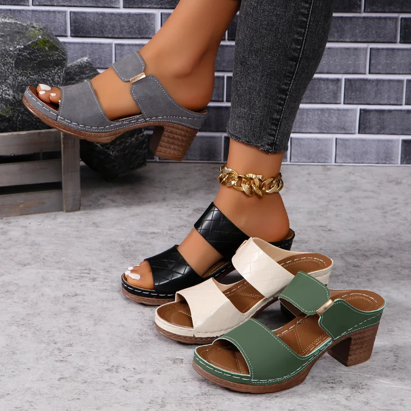 Color: green, Shoe Size: 43 - Women Summer Lightweight Hollow Sandals High Heels New Dress Chunky Open Toe Slippers Female 2024 Casual Slingback Slides Shoes