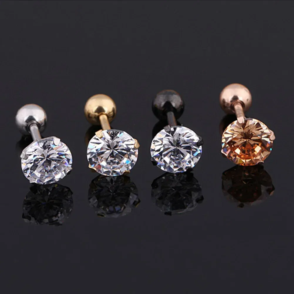 Metal Color: Rhodium Plated, Main Stone Color: Red - 1Pc Small Round Cz Tragus Cartilage Titanium Steel 16G 4 Prong Ear Stud Earrings Tragus Helix Piercing Jewelry Sexy Body Jewelry