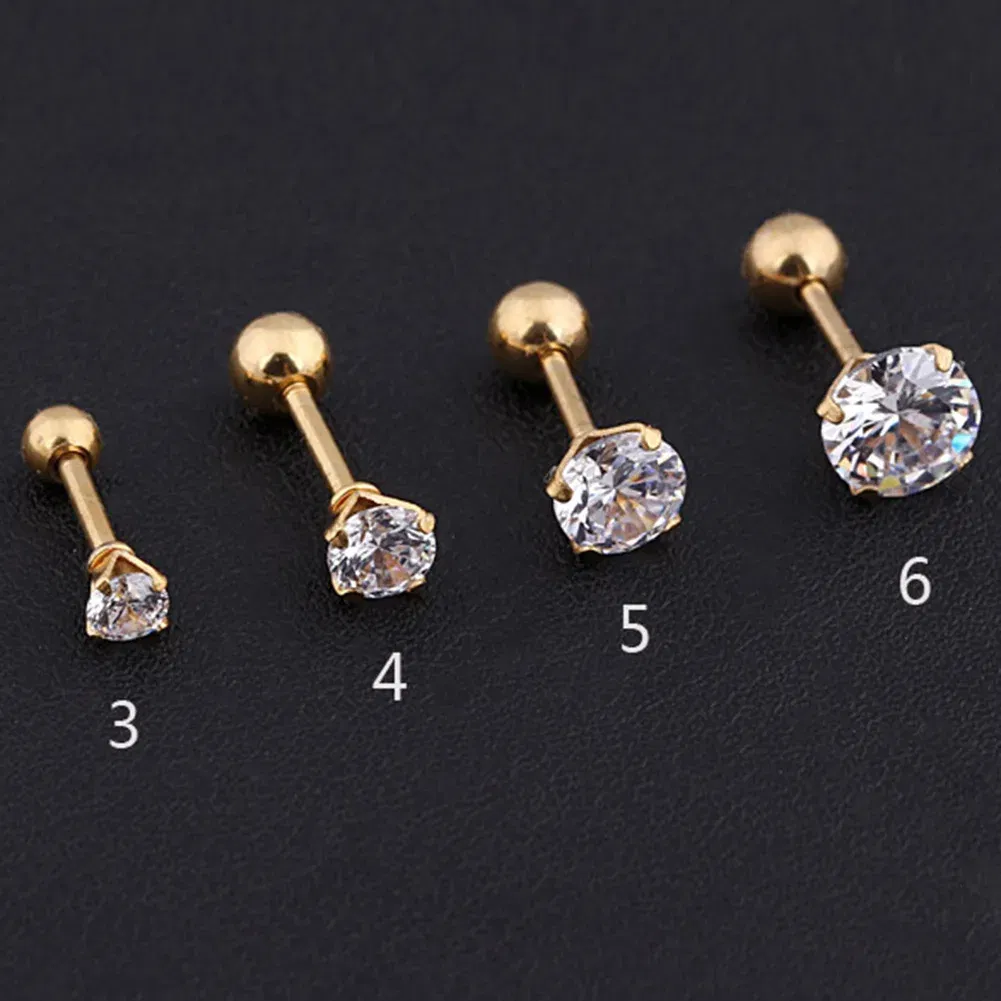 Metal Color: Rhodium Plated, Main Stone Color: Red - 1Pc Small Round Cz Tragus Cartilage Titanium Steel 16G 4 Prong Ear Stud Earrings Tragus Helix Piercing Jewelry Sexy Body Jewelry