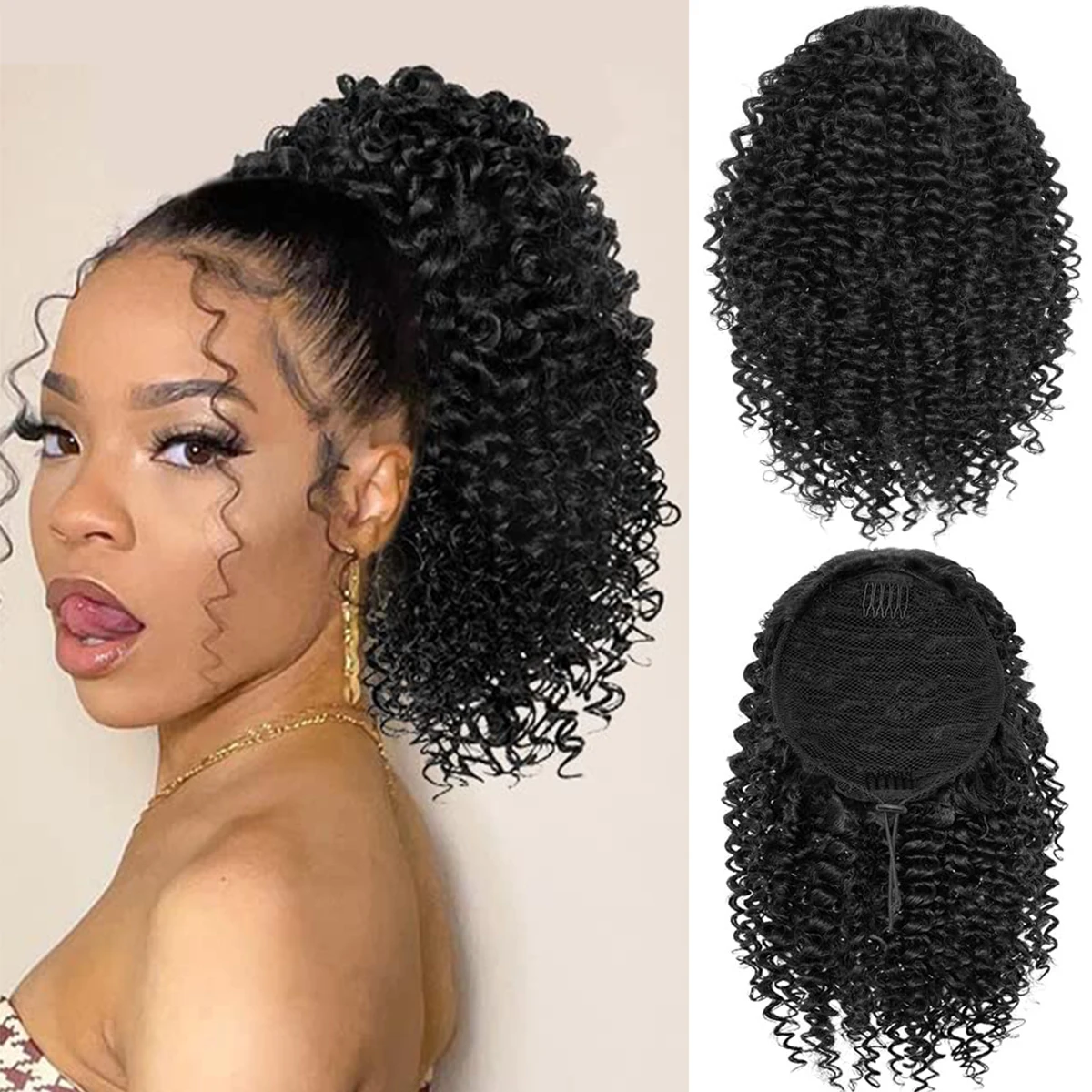 Color: T1B/4/30 - Synthetic Drawstring Curly Ponytail Extension for African Women Short Afro Kinky Ponytail Extension