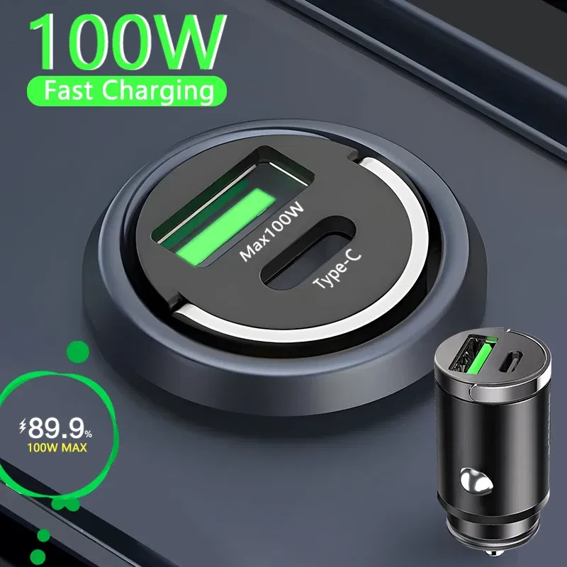 Plug Type: AU - 100W Mini Car Charger Lighter Fast Charging for iPhone QC3.0 Mini PD USB Type C Car Phone Charger for Xiaomi Samsung Huawei