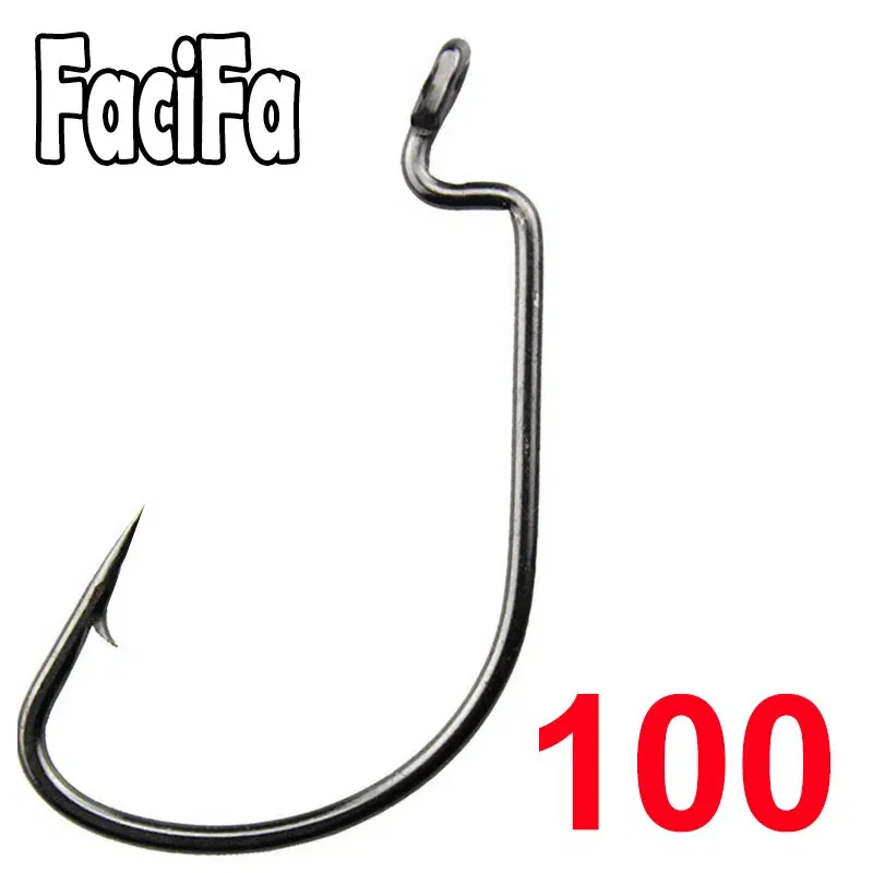 Color: Light Grey - 100 pcs Wide Gap Worm Fishing Hooks Jig Crank Big Bass Hook Black High Carbon Steel Crank Barbed Hook for Soft Fishing Lure