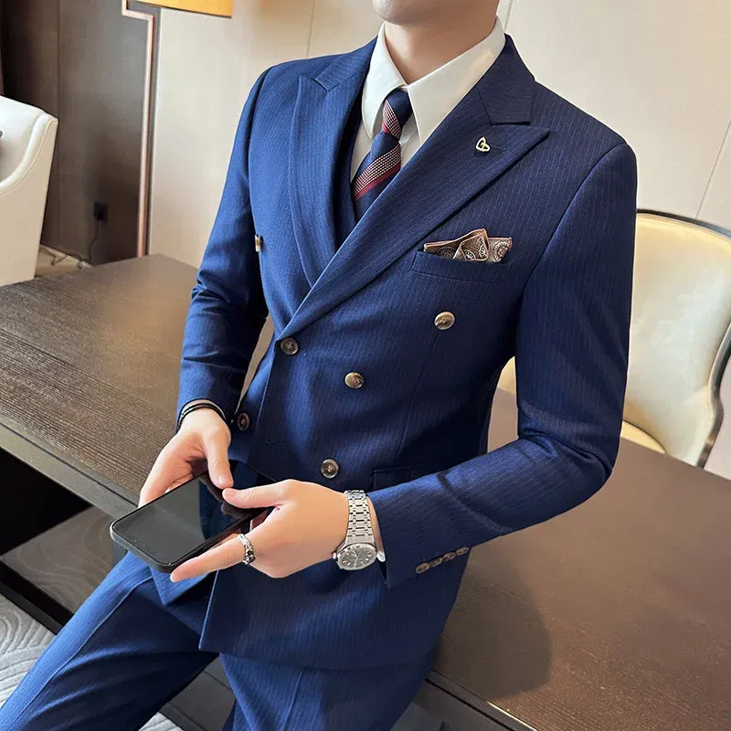 Color: black, Size: XL - 2025 Men's Double Breasted 3/2 Piece Business Casual Wedding Dress Suit with Trousers Regular Fit Bridegroom High Sense