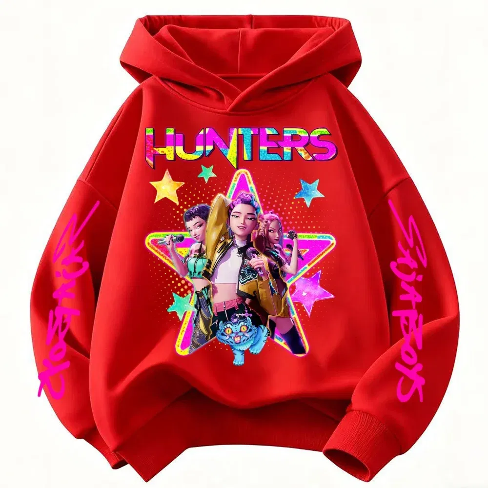 Color: Red, Kid Size: 2T - KPop Demon Hunters Huntrix Girls Sweatshirts Spring Fall Boys Children Hoodies Long Sleeves T-shirt Jacket Toddler Kids Clothes