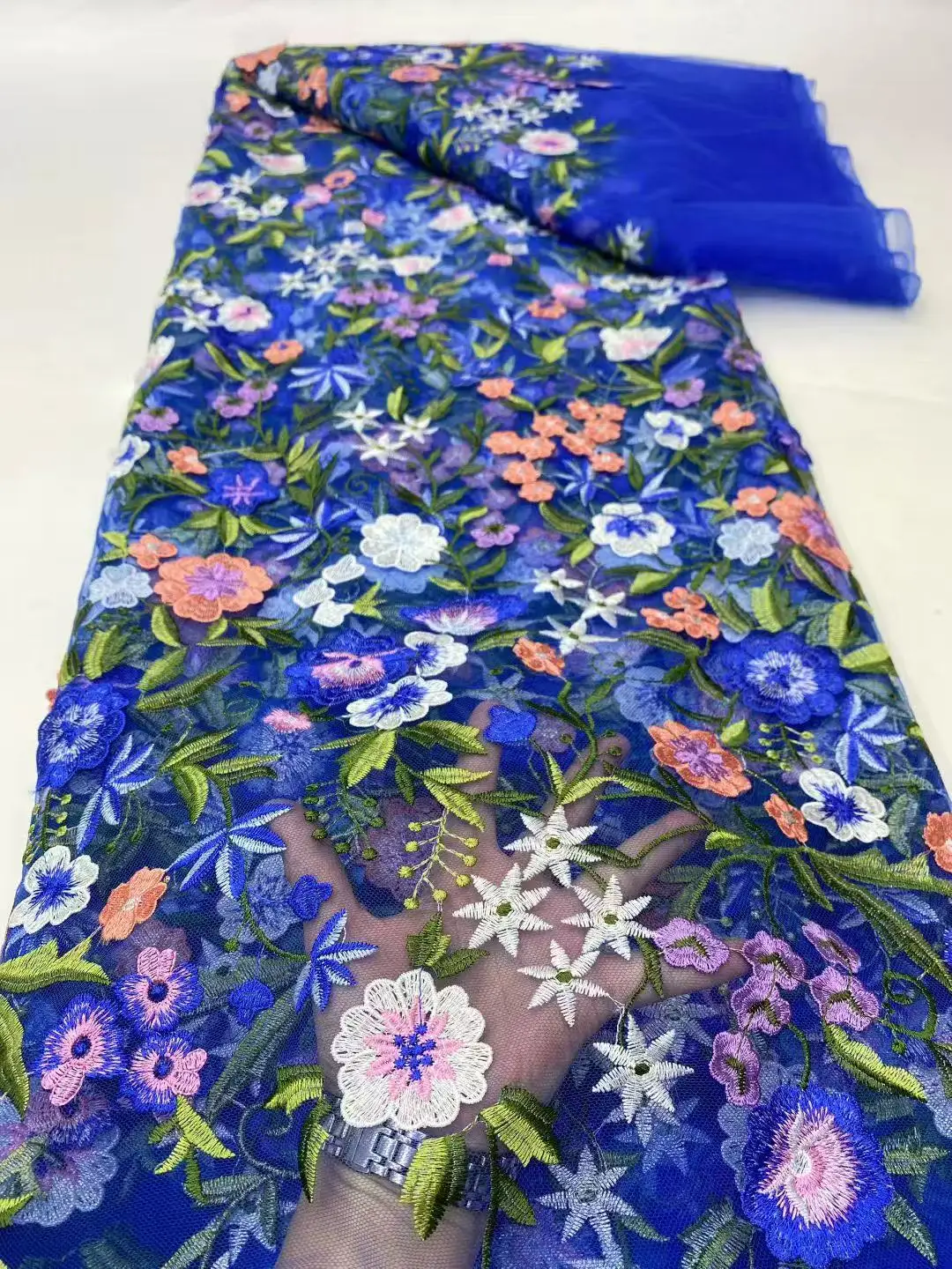 Color: MULTI, Width: 120cm, Length: 5 yards - Purple 3D Flowers French Latest Nigerian Lace Fabrics 2025 High Quality Net African Lace with Beads for Wedding Party 2025