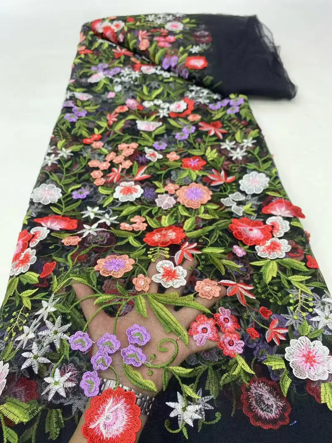 Color: MULTI, Width: 120cm, Length: 5 yards - Purple 3D Flowers French Latest Nigerian Lace Fabrics 2025 High Quality Net African Lace with Beads for Wedding Party 2025