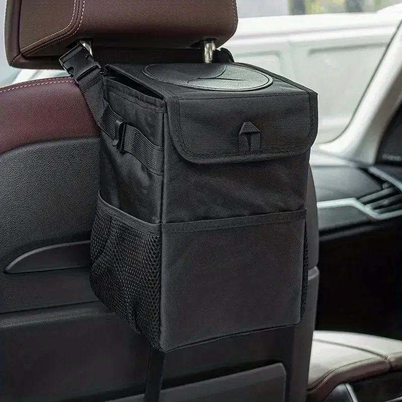 Car Trash Can With Lid And Storage Pockets,100% Leak-Proof Car Organizer, Waterproof Garbage Can, Multipurpose Trash Bin For Car