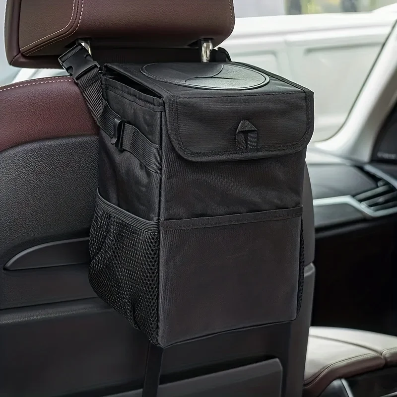 Car Trash Can With Lid And Storage Pockets,100% Leak-Proof Car Organizer, Waterproof Garbage Can, Multipurpose Trash Bin For Car