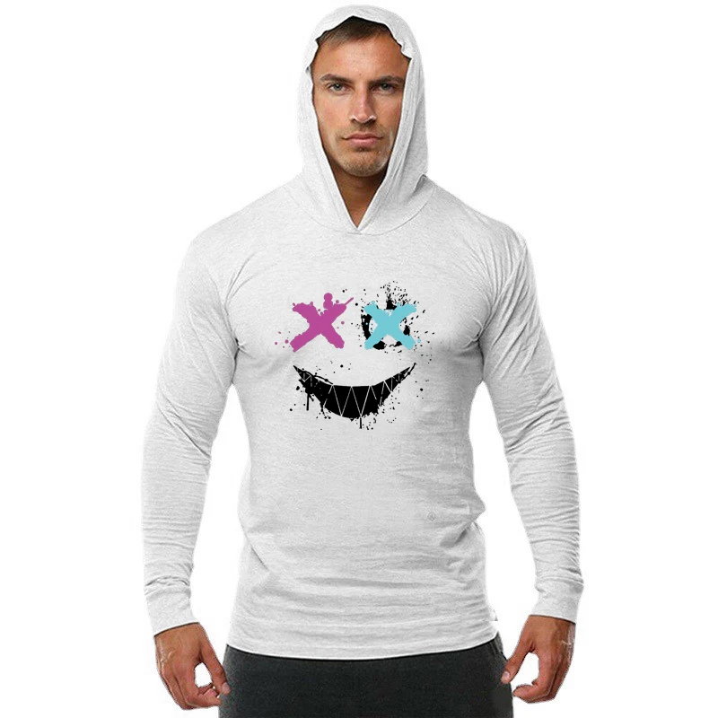 Color: GRAY, Size: XL - Trendy Personality Funny XX Smile Face Hoodie Mens Slim Fit Running Long Sleeve Cotton Shirt Gym Training Fitness Hooded T-Shirt