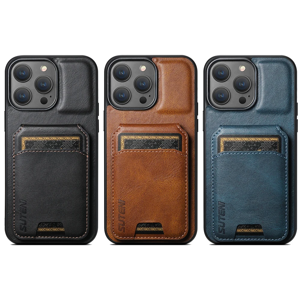 Color: Coffee, Material: GENUINE LEATHER - SUTENI Card Holder Leather Magnetic Pocket Cover Wallet Phone Case For iPhone X XS XR 11 12 13 14 15 Pro Max Plus