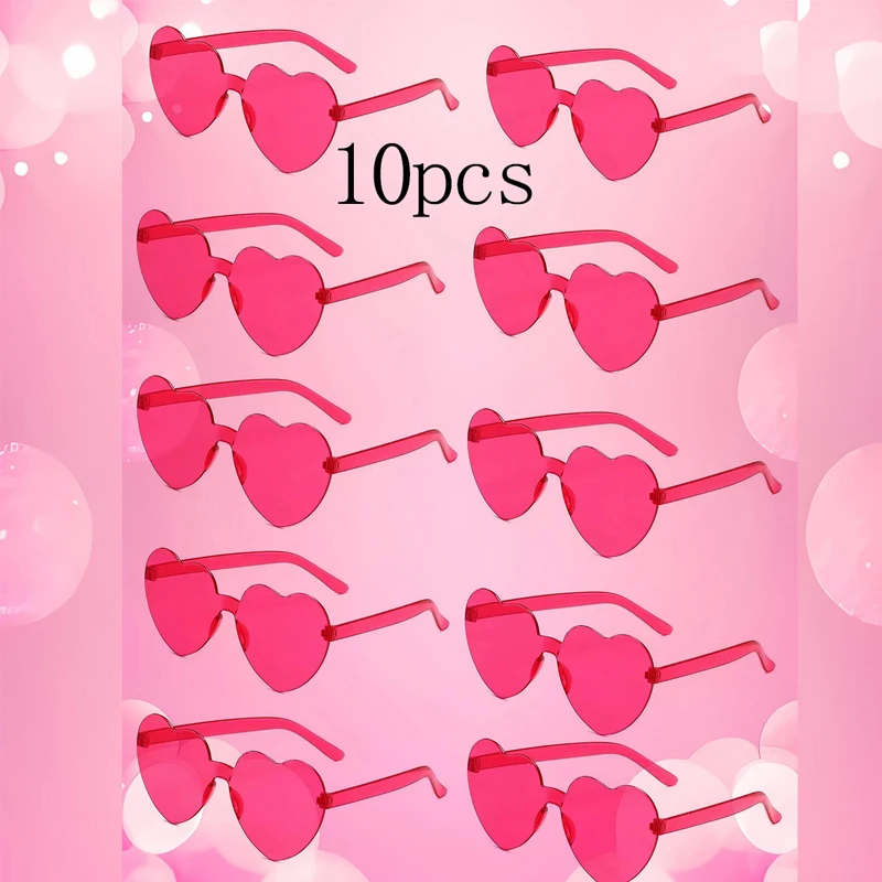 Lenses Color: Pink - 10PC Heart Sunglasses Love Sunglasses Jelly Color Frameless Heart-shaped One-piece Glasses Dazzling Color Glasses