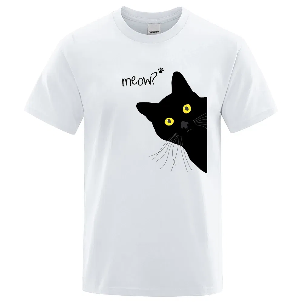 Color: army green, Size: M - Meow Black Cat Funny Printing Men T-Shirts Breathable Tee Clothes Summer Streetwear Tops Oversized Loose Cotton Short Sleeve